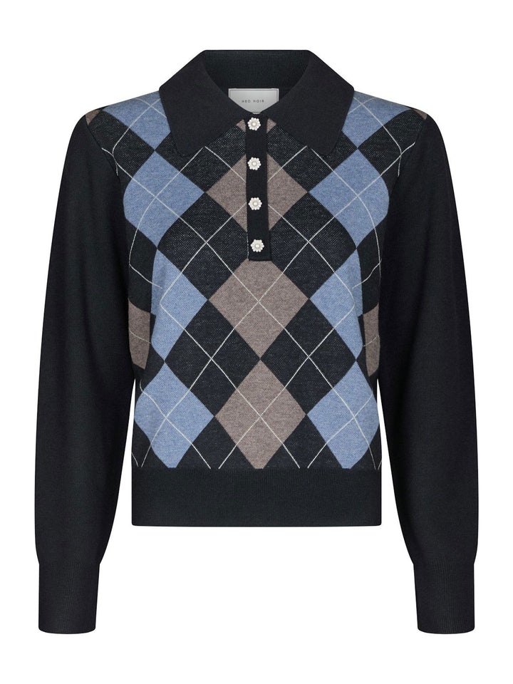 Julina Check Knit Blouse  Navy