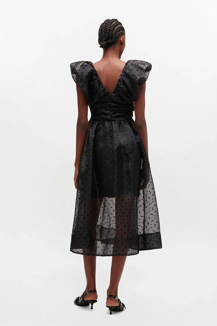 Flocked Organza Long Ruched Dress  Black