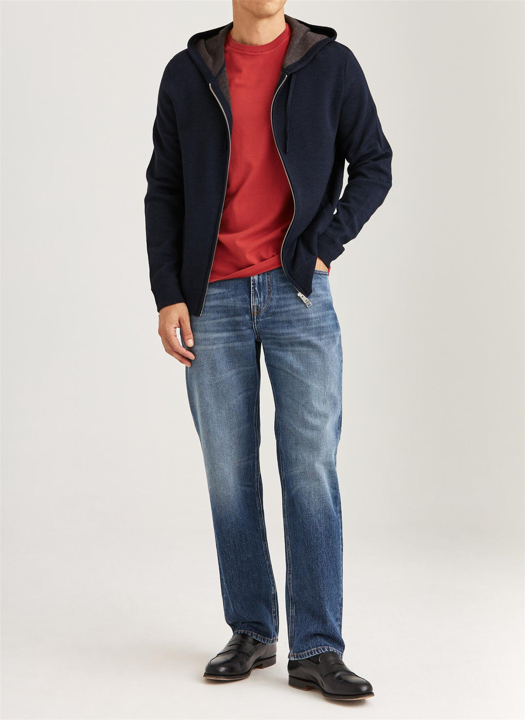 Merino Double Zip Hood  Navy