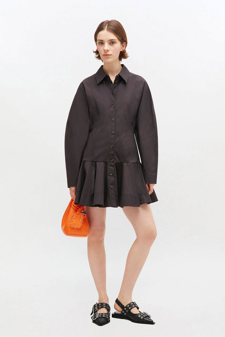 Stretch cotton buttoned mini dress  099-Black
