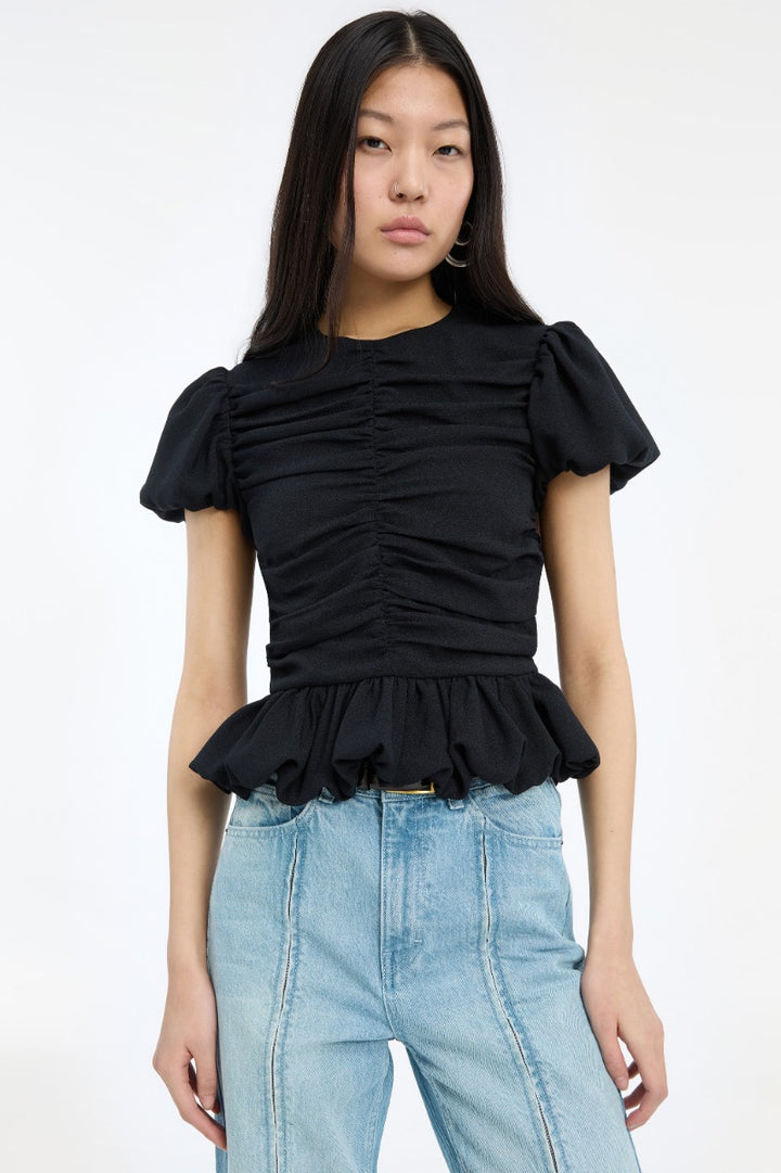 RUCHED PUFF SLEEVE TOP  Black