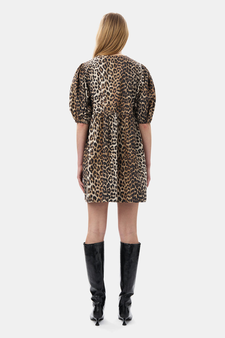 Printed Cotton Tie String Mini Dress  Leopard