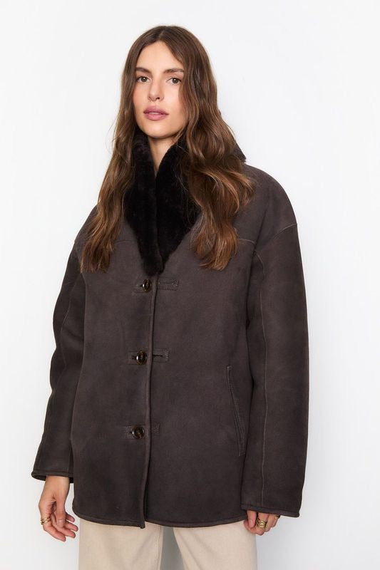 Melli Shearling Jacket  Dark Brown Suede