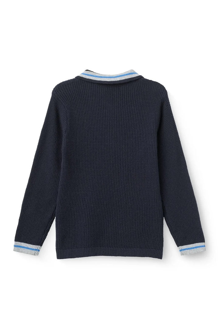 LONG-SLEEVED KNITTED WAFFLE POLO  Navy Comb