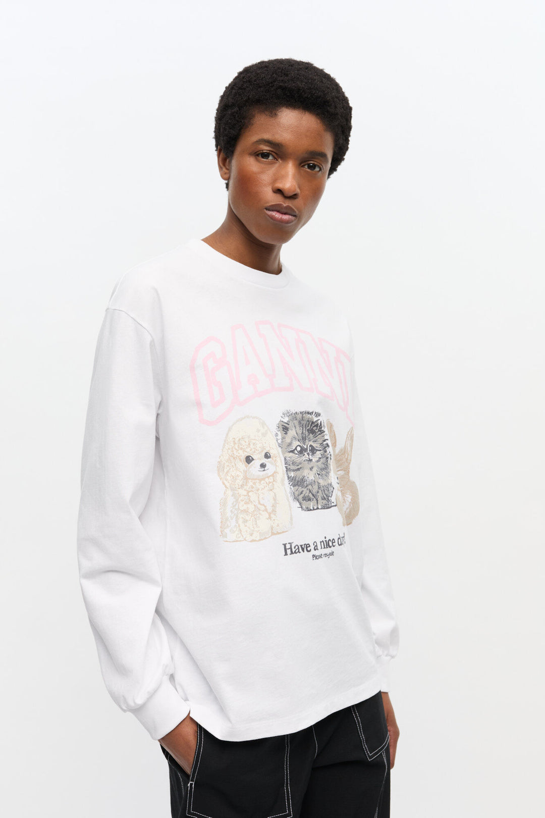 Re-cut Heavy Jersey Animals Long sleeve  Bright White