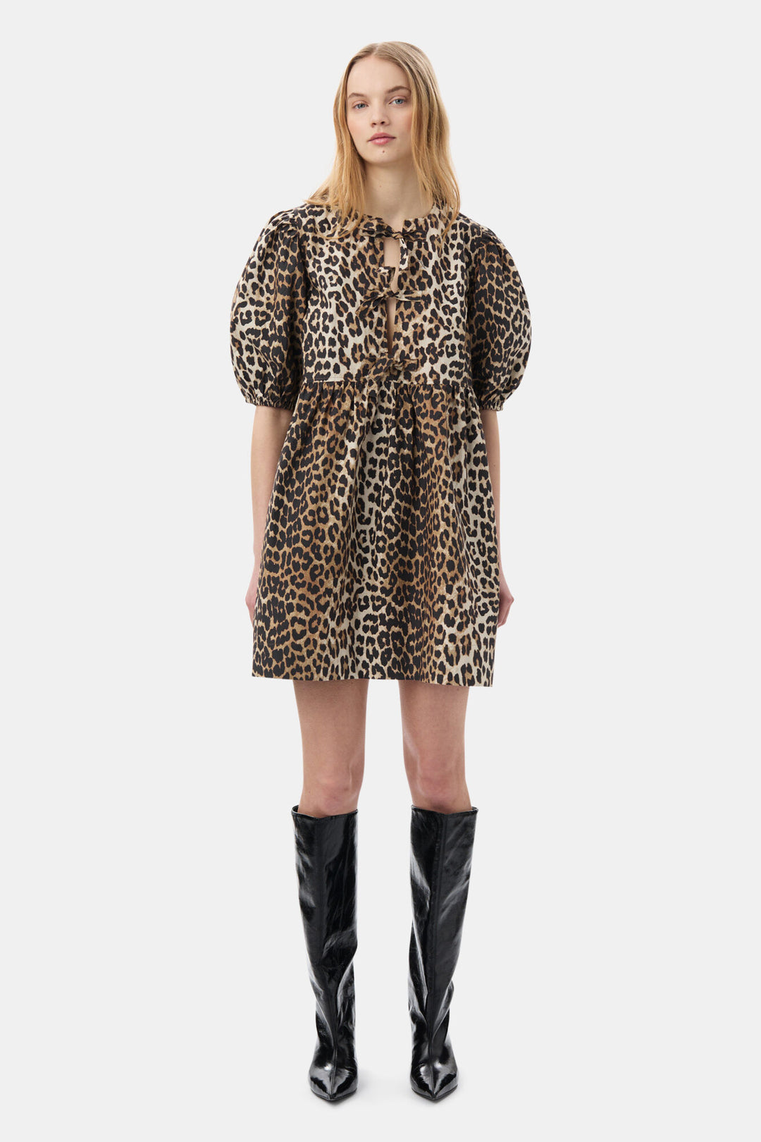 Printed Cotton Tie String Mini Dress  Leopard