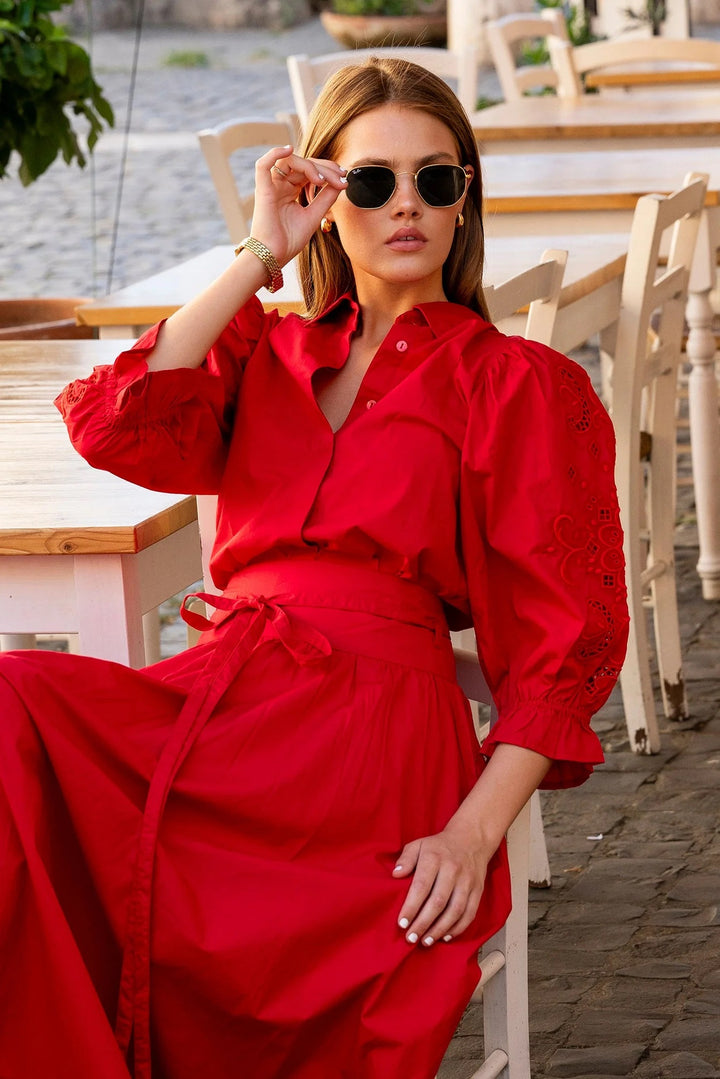 Amy Embroidered Shirt City Red Poplin  City Red Poplin