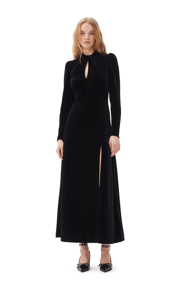 Velvet Jersey Gathered Long Dress  Black