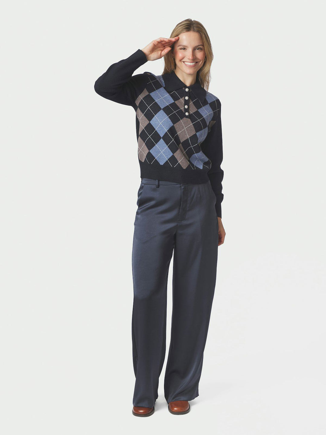 Julina Check Knit Blouse  Navy