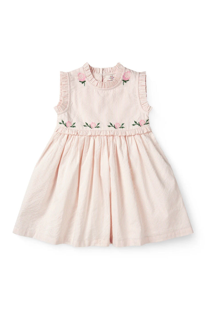 SEERSUCKER DRESS W. RUFFLES AND EMB.  Dusty Rose W Cream Stripe