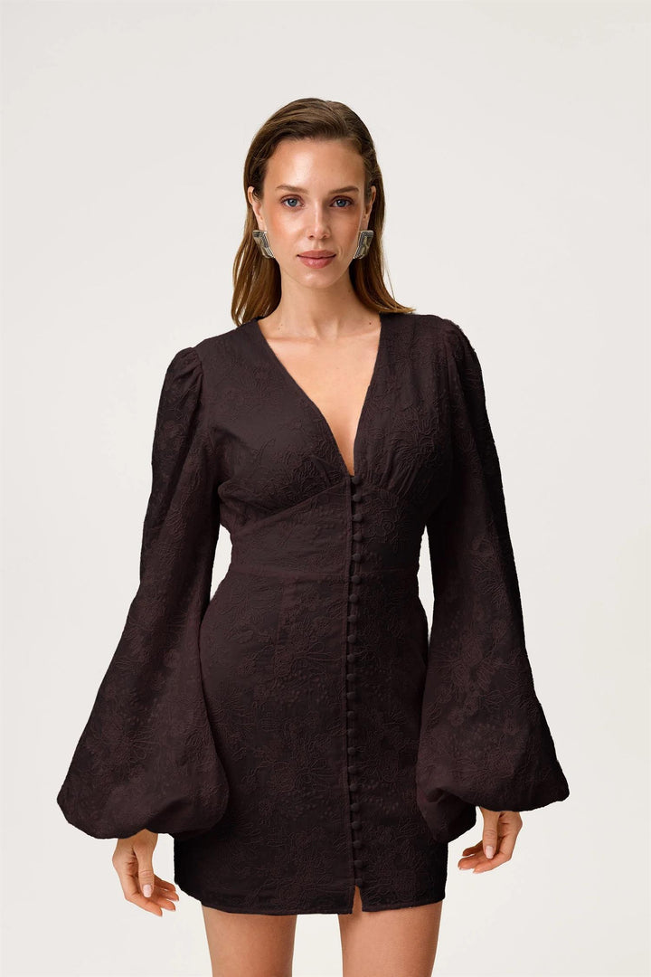 Florence Mini Dress  Brown Embroidery