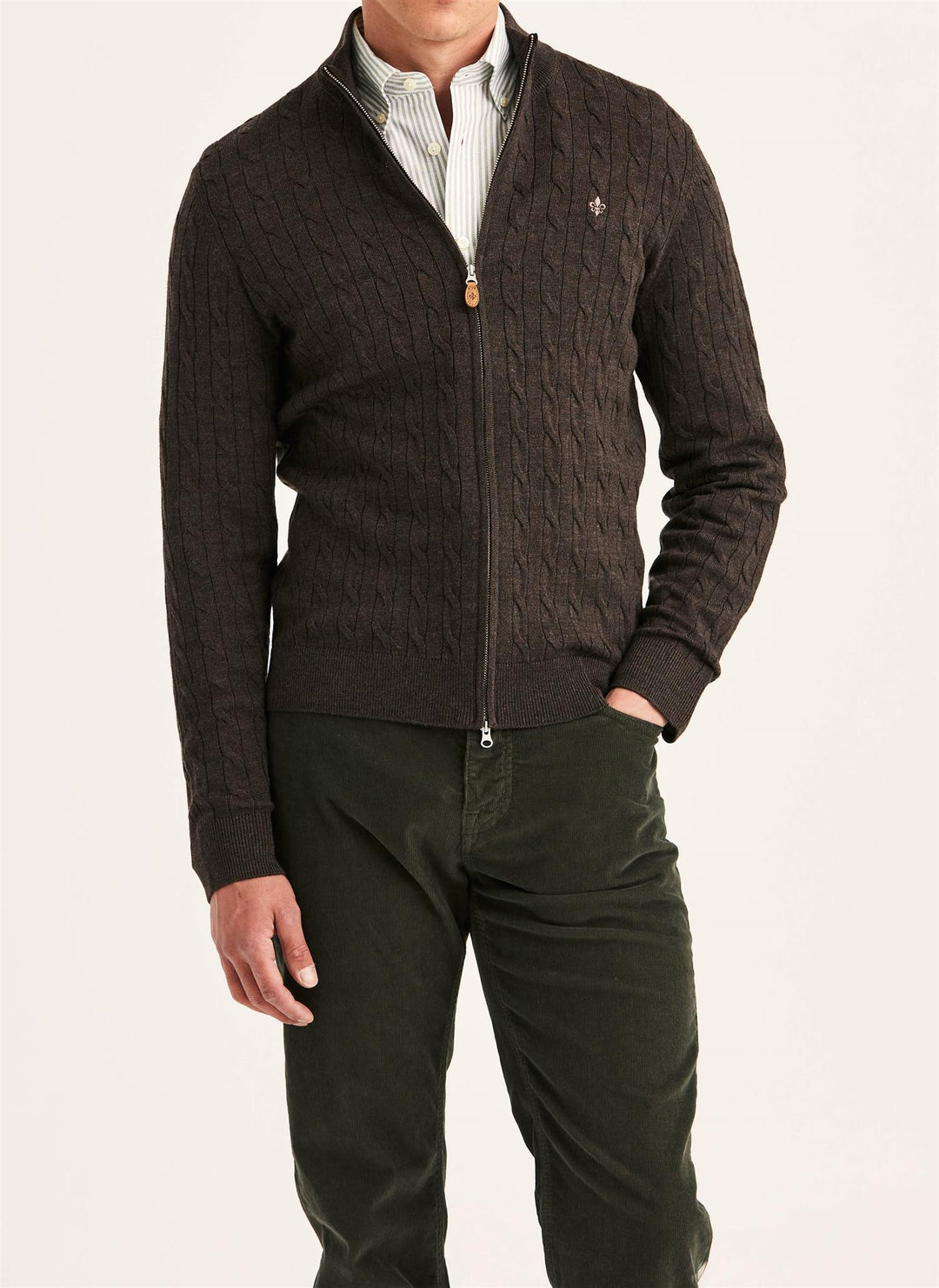 Merino Cable Zip Cardigan  Brown