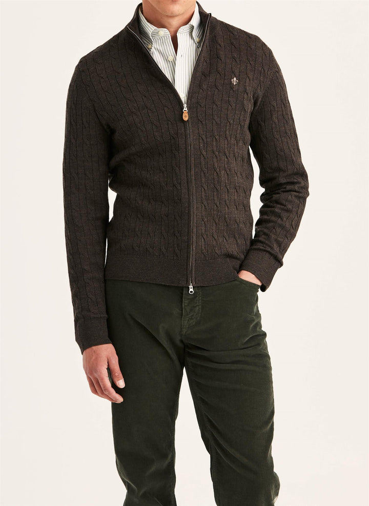 Merino Cable Zip Cardigan  Brown
