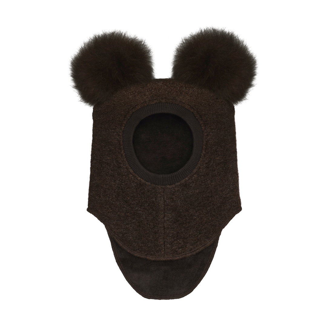 Balaclava Wool Alpaca Pompoms  Dark Brown Melange