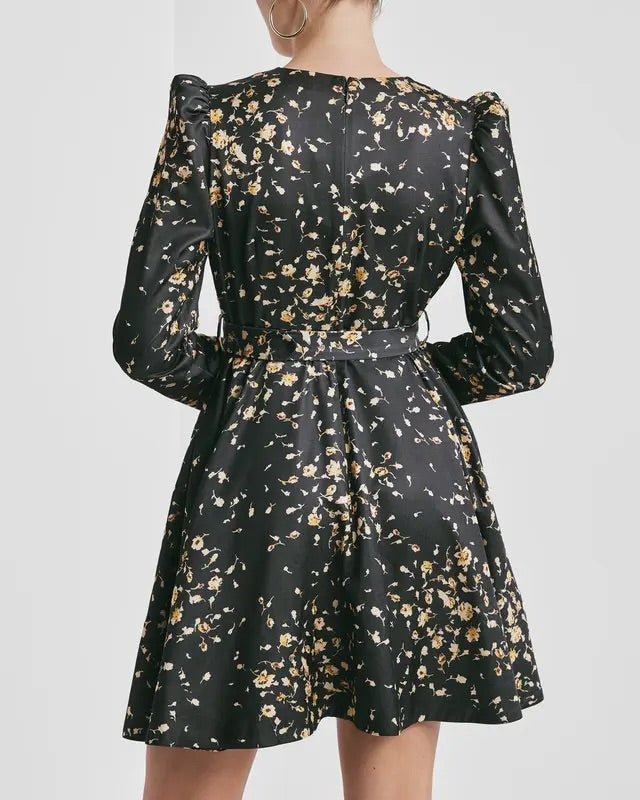 TAILORED SATIN BELT DRESS  Black Rose
