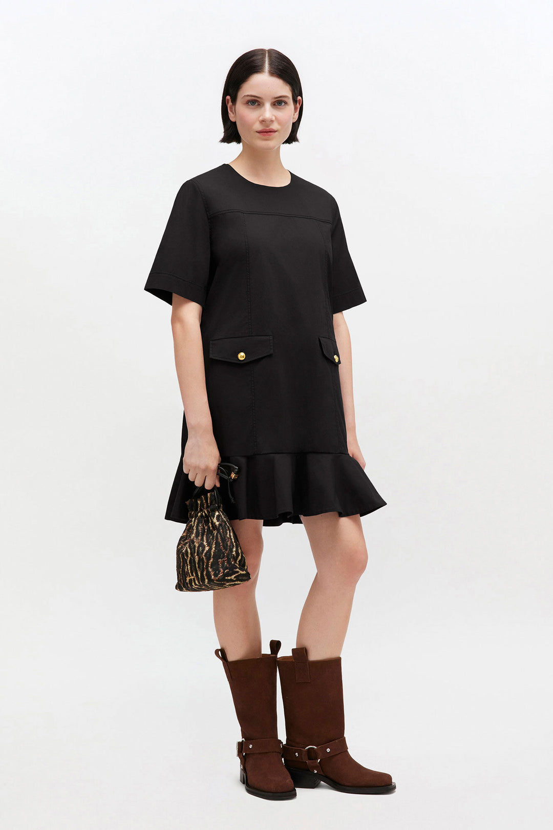 Stretch Cotton Mini Dress w. Frill  Black