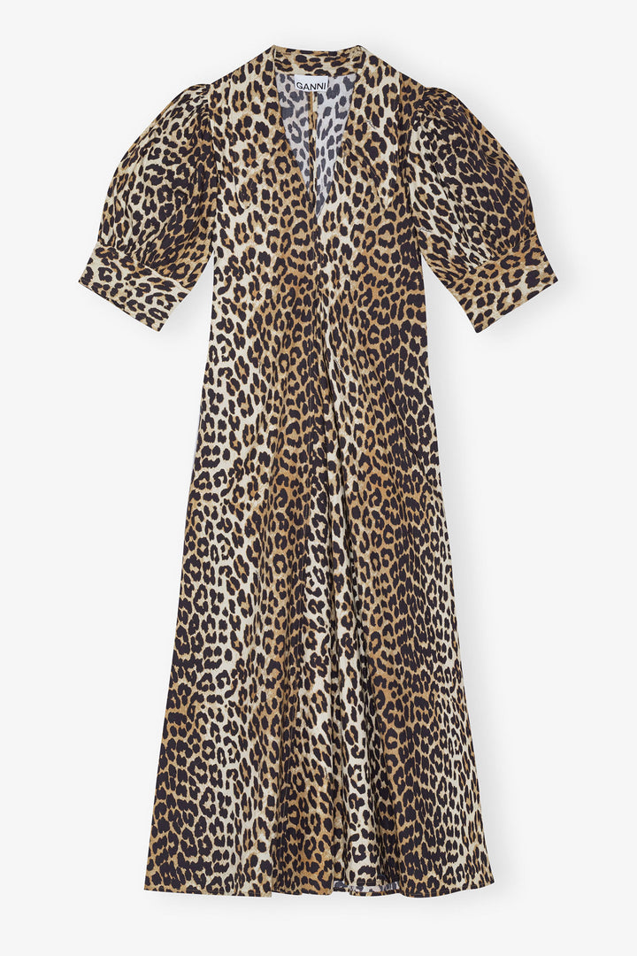 Printed Cotton Poplin V-neck Long Dress  Leopard