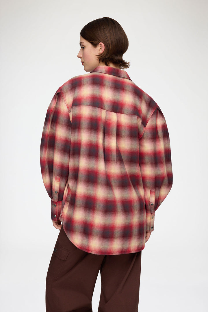 Cotton Flannel Check Pleated Sleeve Shirt  Raspberry Wine