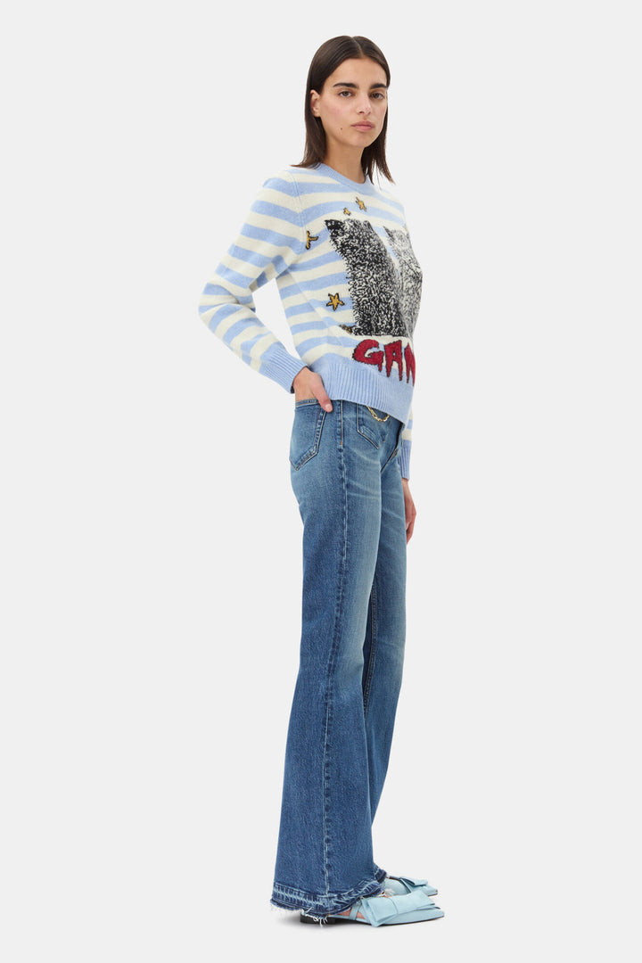 Striped Graphic Wool Mix Cats Crewneck  Illusion Blue