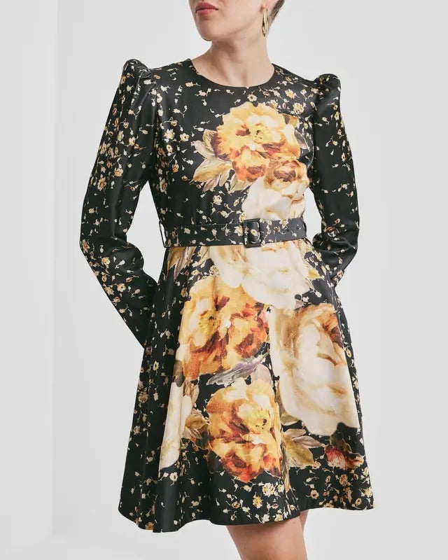 TAILORED SATIN BELT DRESS  Black Rose