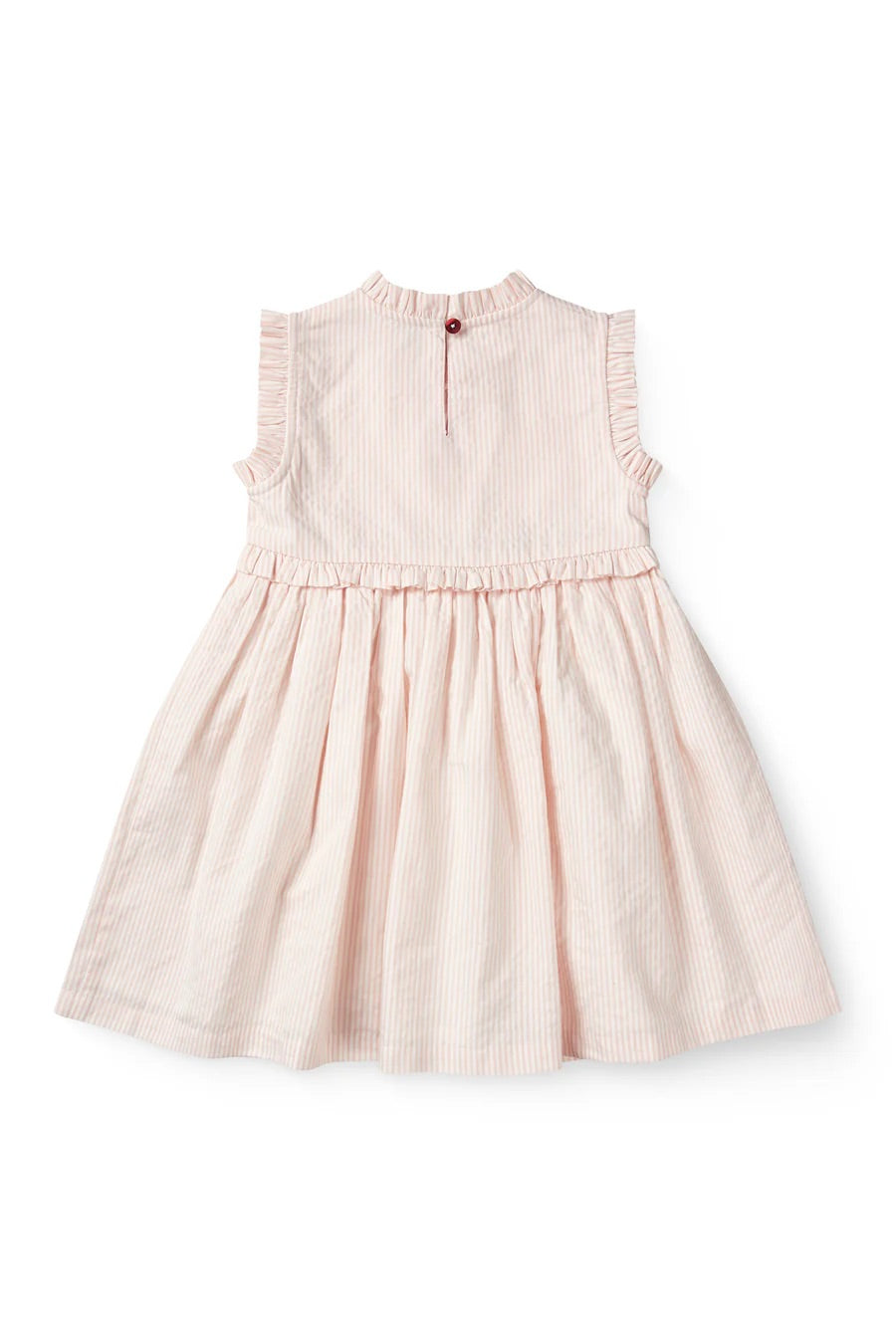 SEERSUCKER DRESS W. RUFFLES AND EMB.  Dusty Rose W Cream Stripe