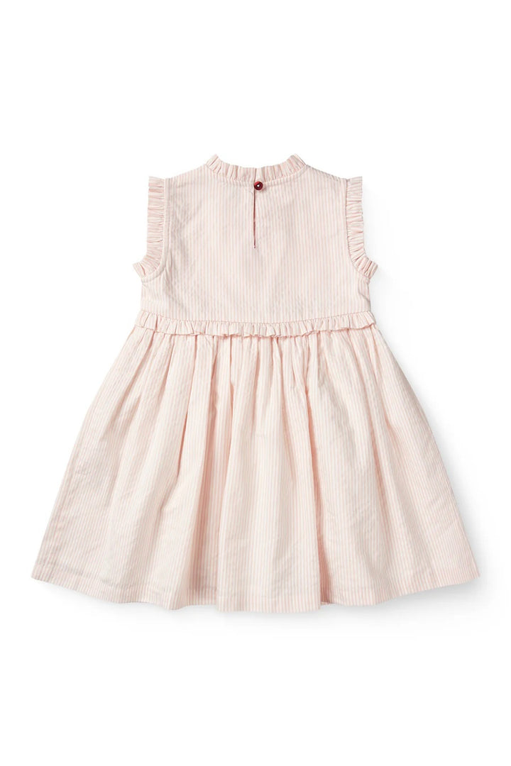 SEERSUCKER DRESS W. RUFFLES AND EMB.  Dusty Rose W Cream Stripe