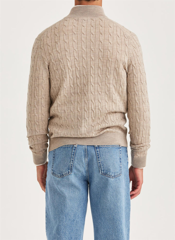 Merino Cable Zip Cardigan  Khaki