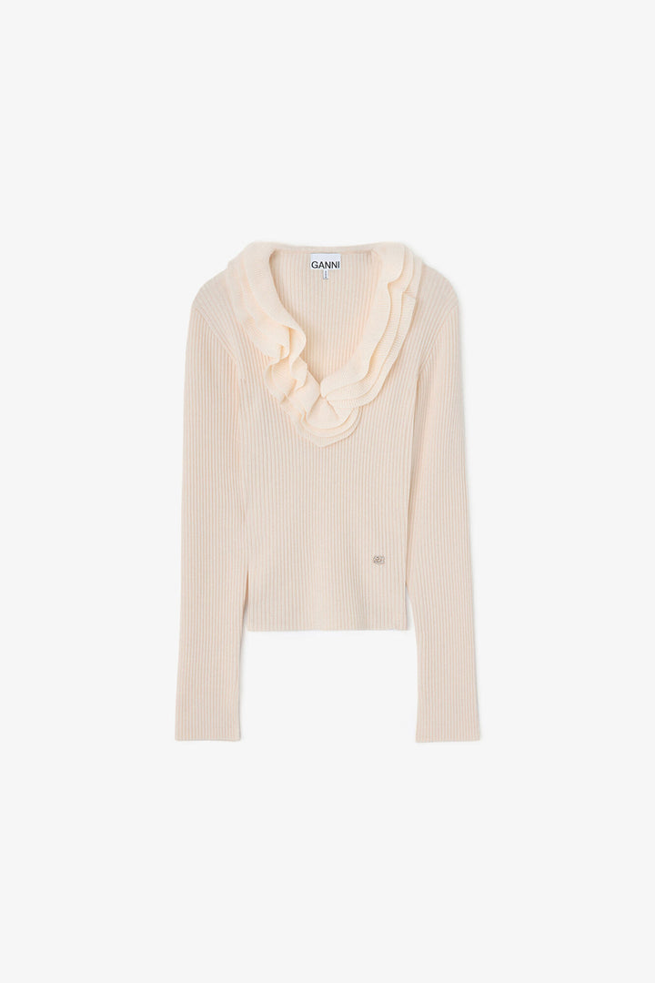 RIBBED MERINO FRILL TOP  Egret