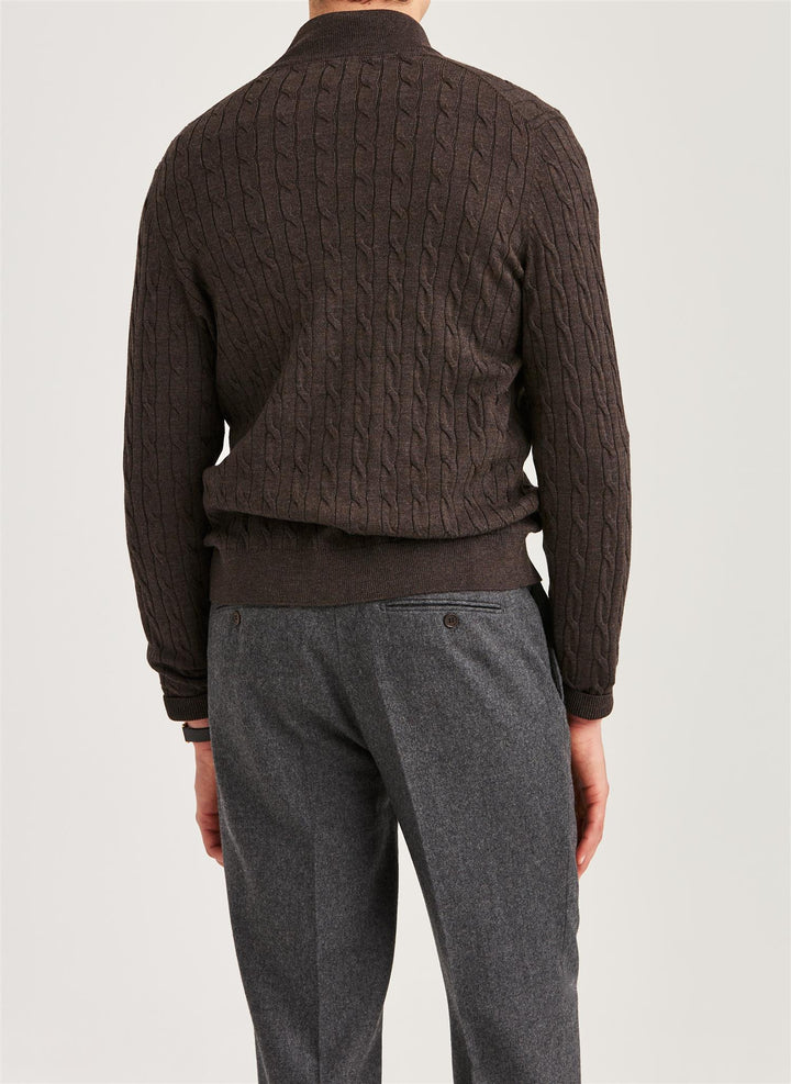 Merino Cable Zip Cardigan  Brown
