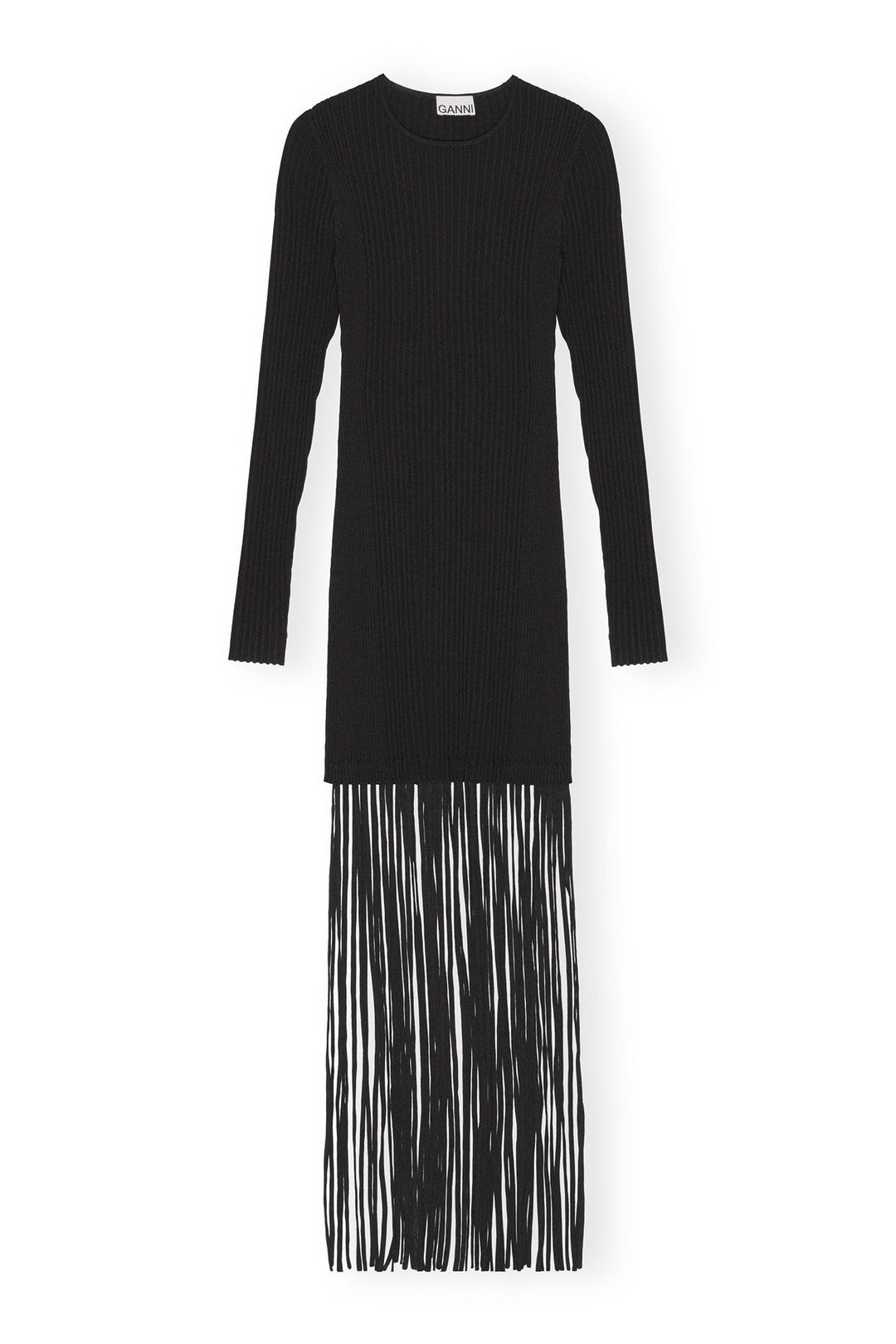 MELANGE KNIT FRINGE MINI DRESS  Black