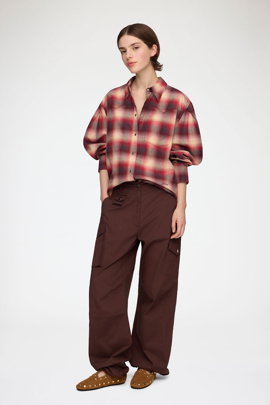 Cotton Flannel Check Pleated Sleeve Shirt  Raspberry Wine
