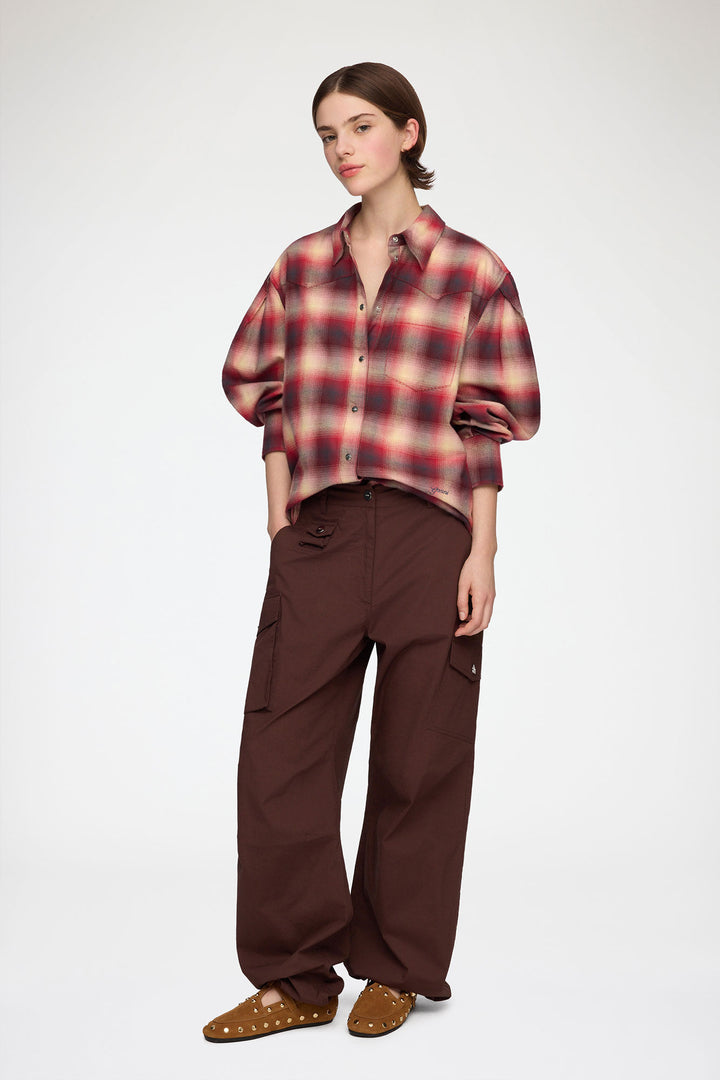 Cotton Flannel Check Pleated Sleeve Shirt  Raspberry Wine