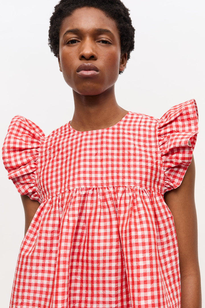 Crinkled Taffeta Check Frill Mini Dress  Red Alert