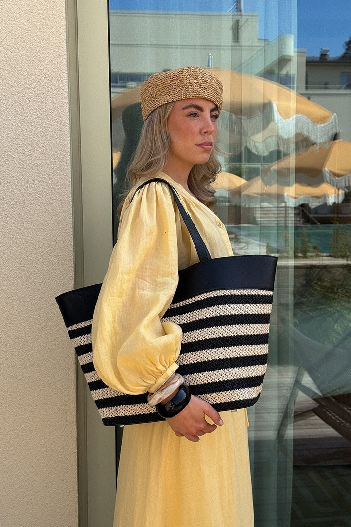 Aline Beach Bag  Black Beige Stripe