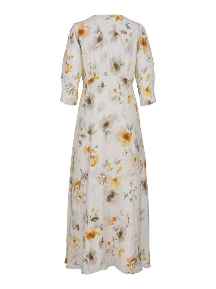 Sorrento Dress  Cream W Yellow Green Flowers