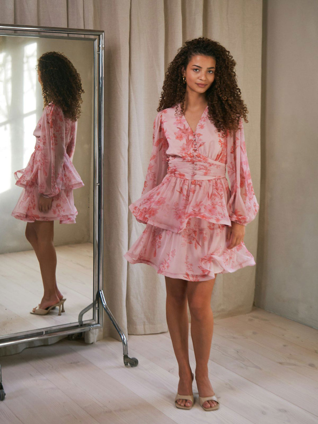 Rivana Print Chiffon Dress  Pink