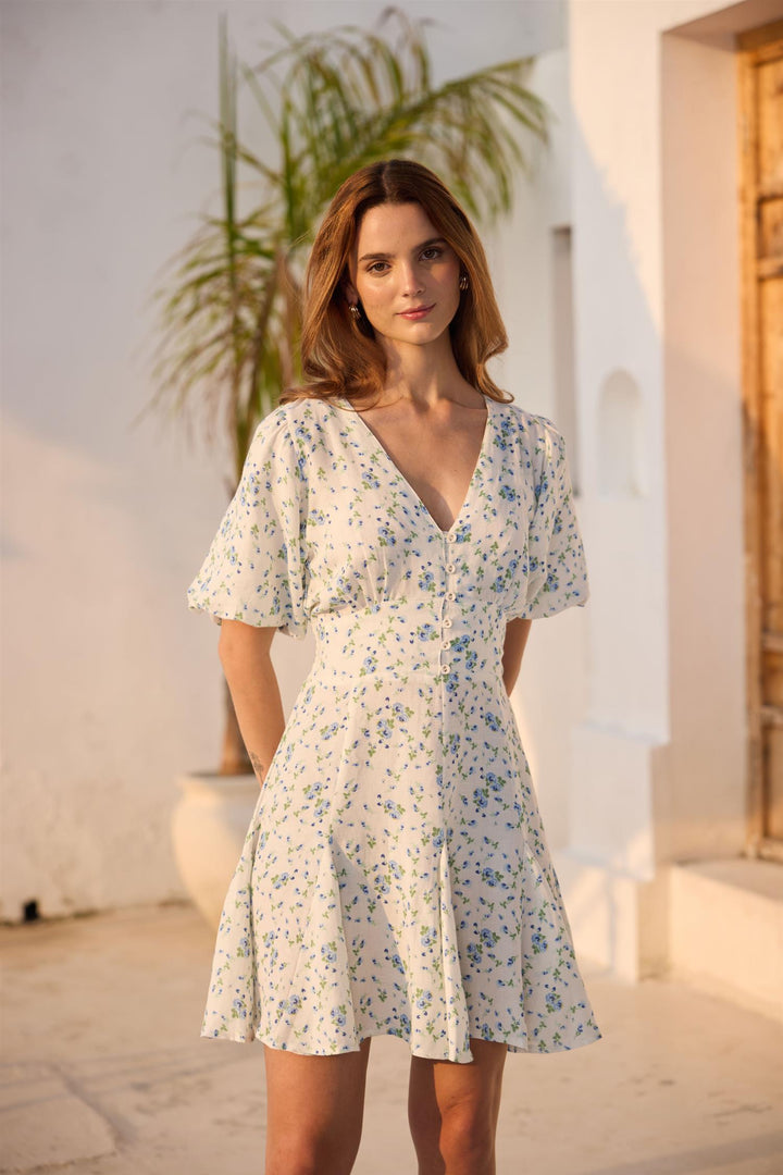 Bianca Dress Blue Fleur Linen  Blue Fleur Linen