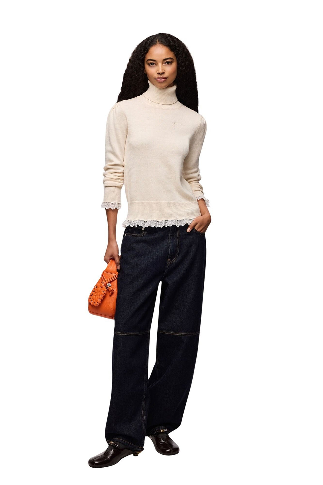 MERINO TURTLENECK W LACE DETAILS  Egret