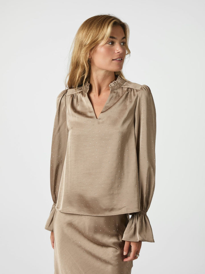 Amara Heavy Satin Bedaz Blouse  Dark Taupe