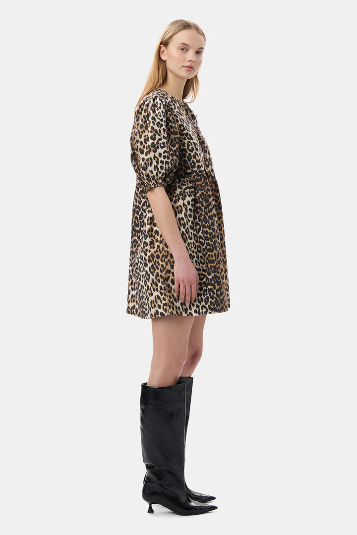 Printed Cotton Tie String Mini Dress  Leopard