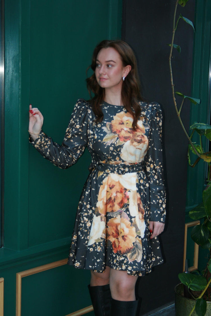 TAILORED SATIN BELT DRESS  Black Rose