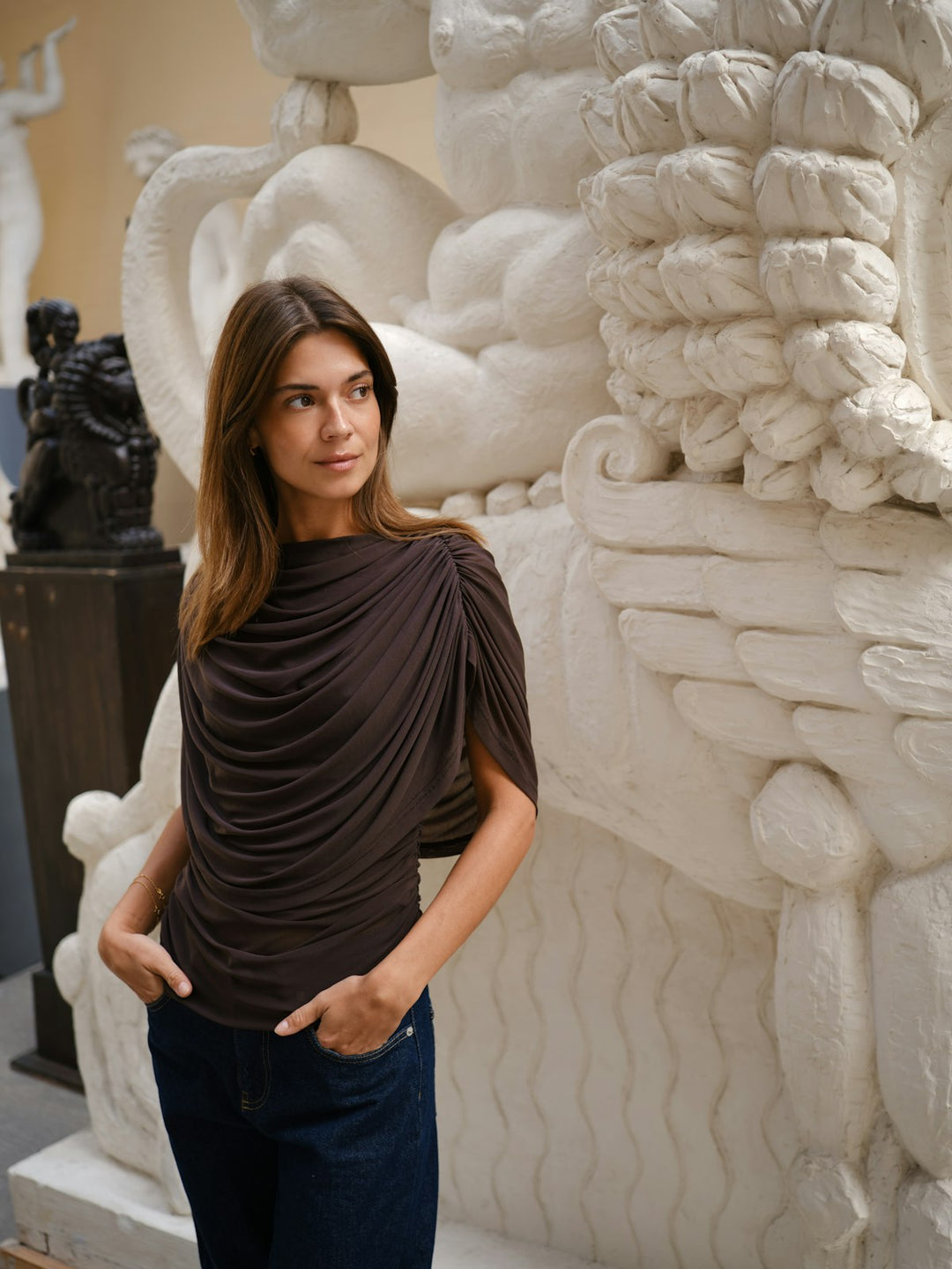 Cottuna Drapy Mesh Top  Brown