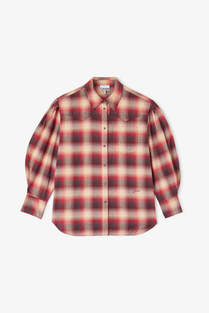 Cotton Flannel Check Pleated Sleeve Shirt  Raspberry Wine