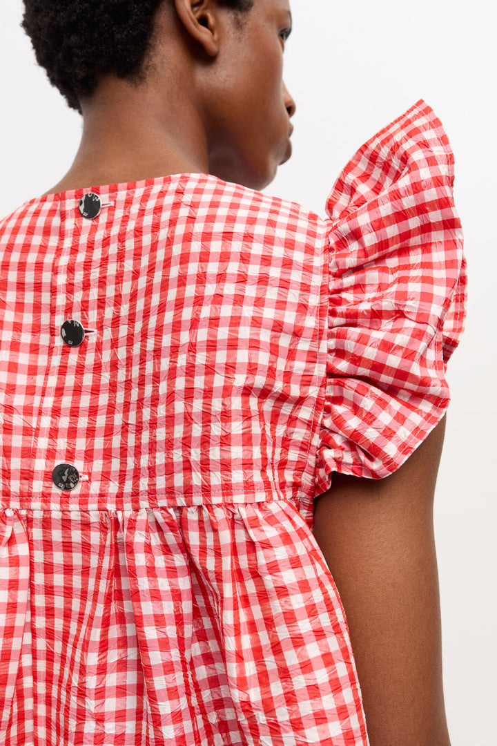 Crinkled Taffeta Check Frill Mini Dress  Red Alert