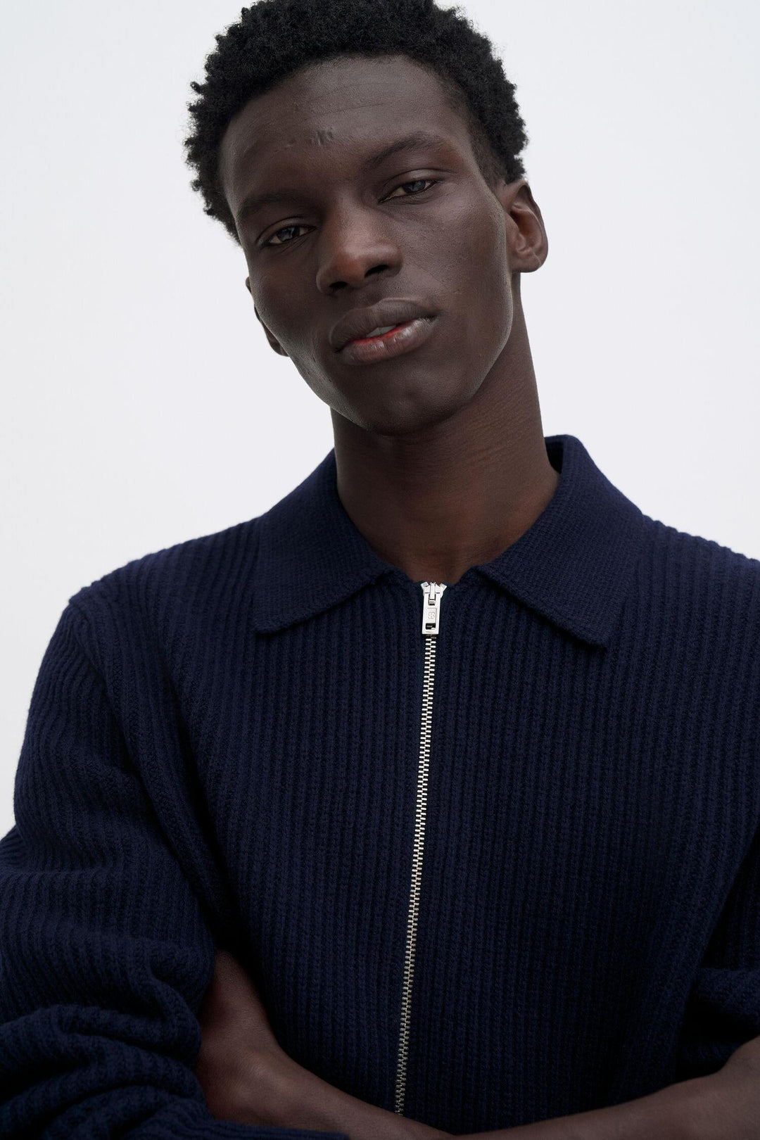 ribbed wool zip cardigan  Navy