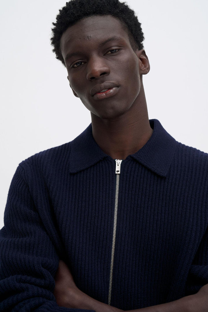 ribbed wool zip cardigan  Navy