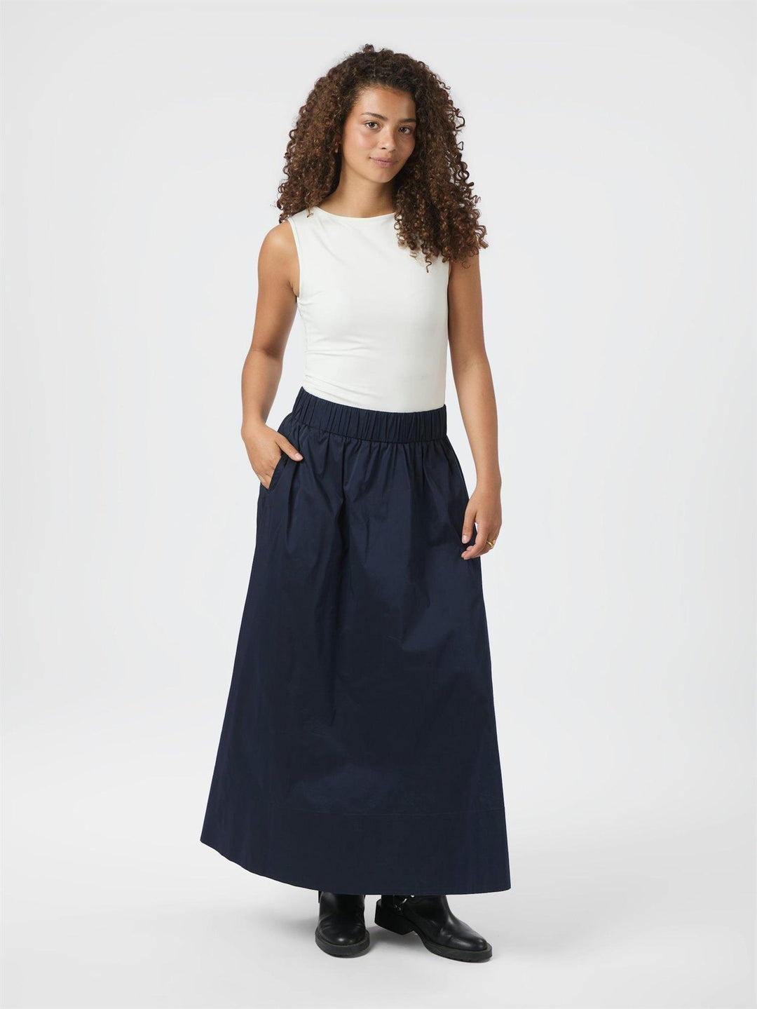 Yara Long Poplin Skirt  Navy