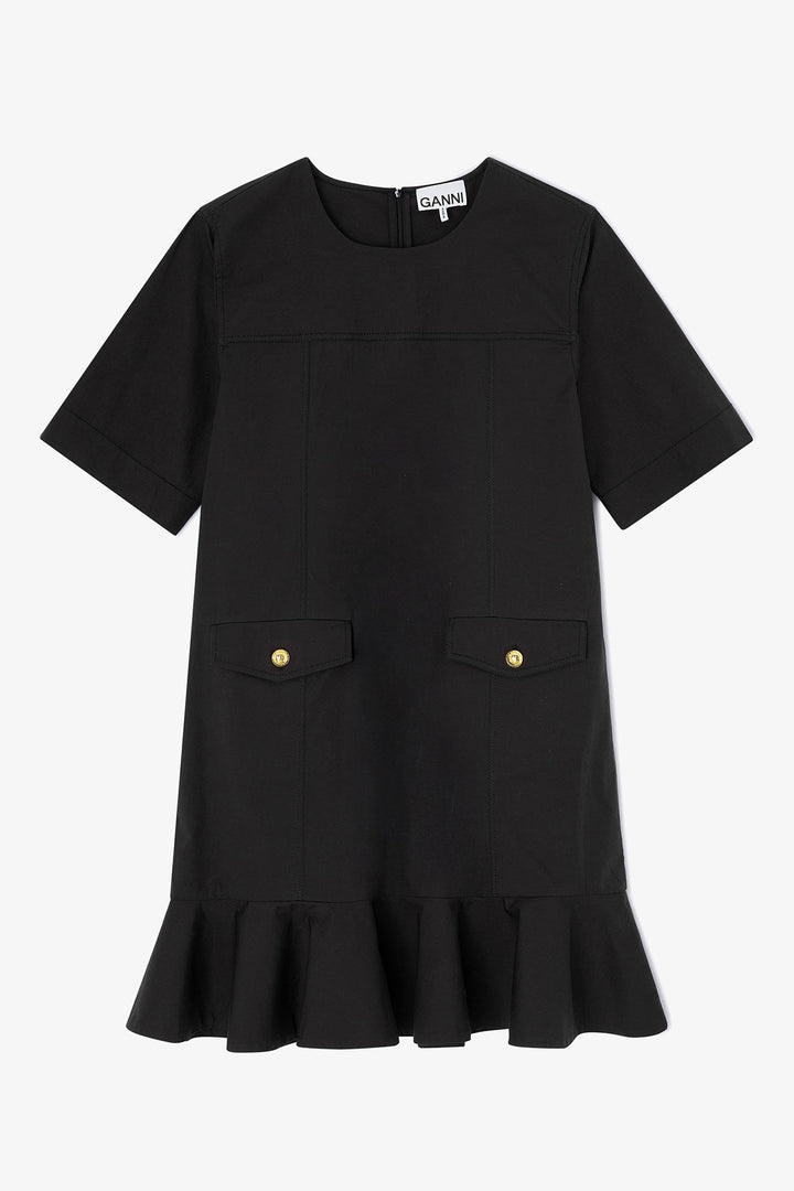 Stretch Cotton Mini Dress w. Frill  Black