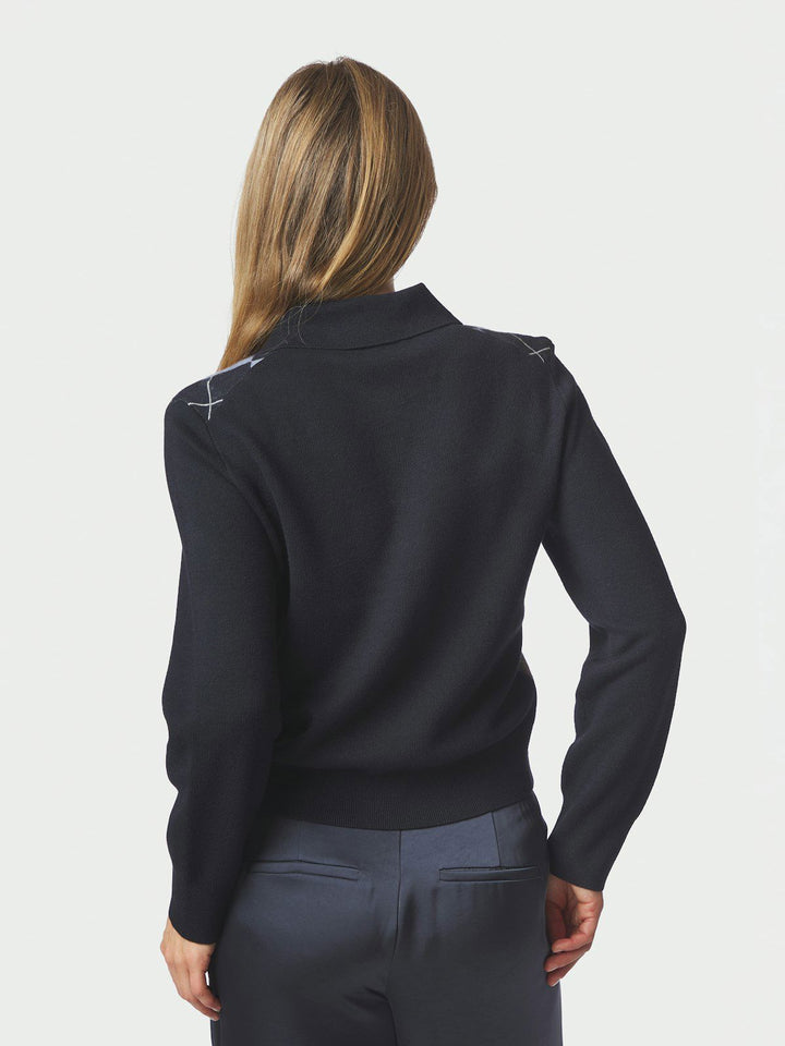 Julina Check Knit Blouse  Navy