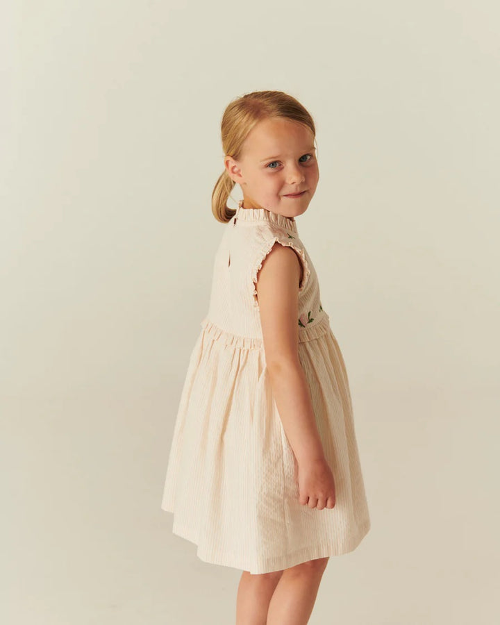 SEERSUCKER DRESS W. RUFFLES AND EMB.  Dusty Rose W Cream Stripe